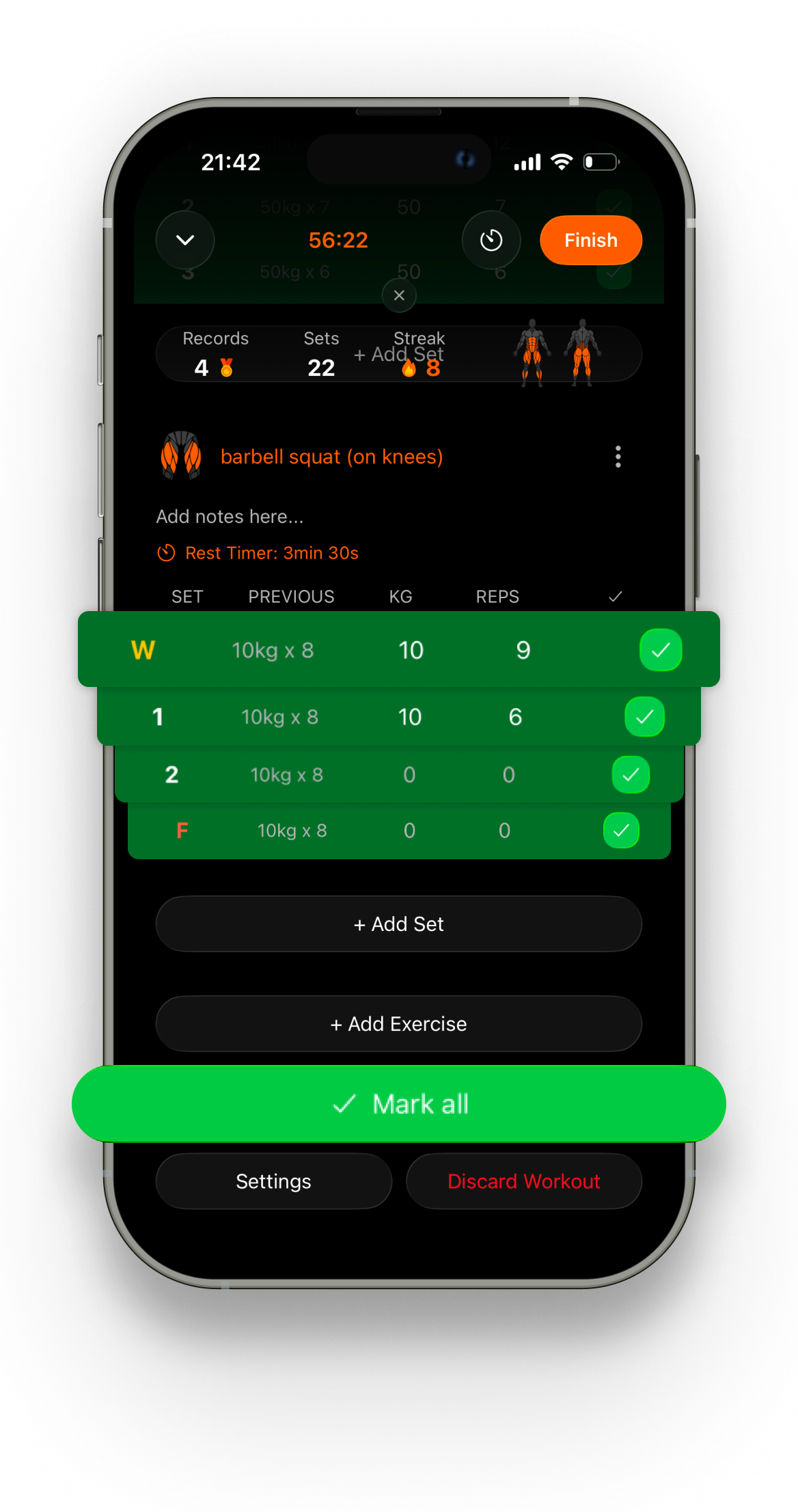 Pyro Streak workout screen with every set logged in one tap