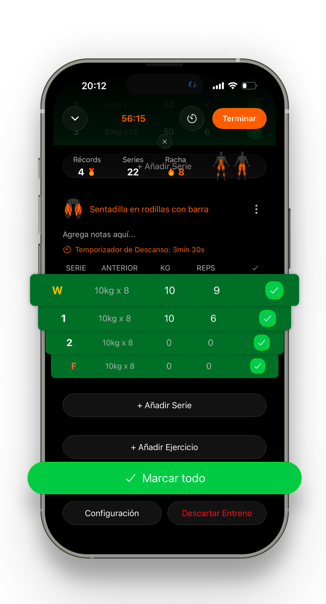 Pyro Streak workout screen with every set logged in one tap